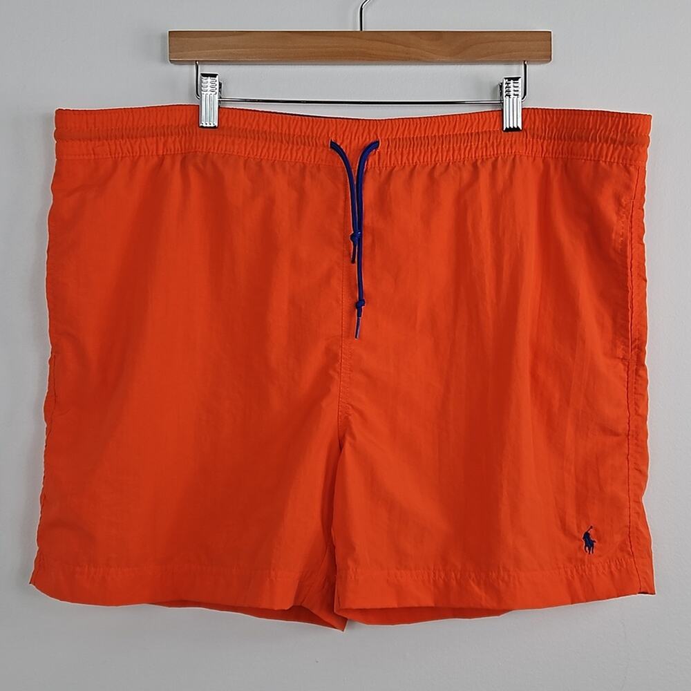 Polo Ralph‎ Lauren Vintage 5" Swim Trunk in Orange and Blue FLAWS | Men's XL